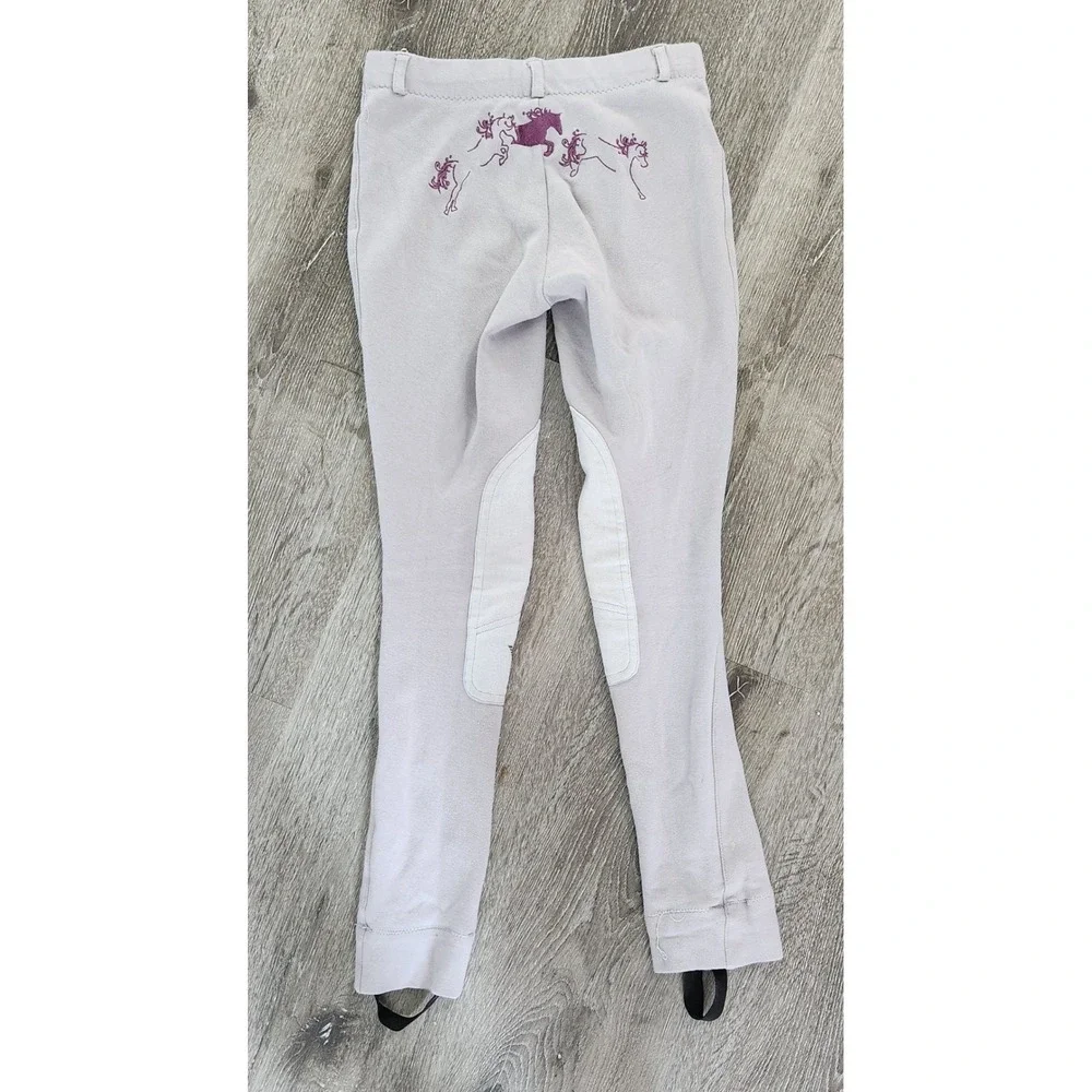 Whimsical Horse Embroidered Kids Jodhpurs Lilac Gray Equestrian Breeches Size 16
